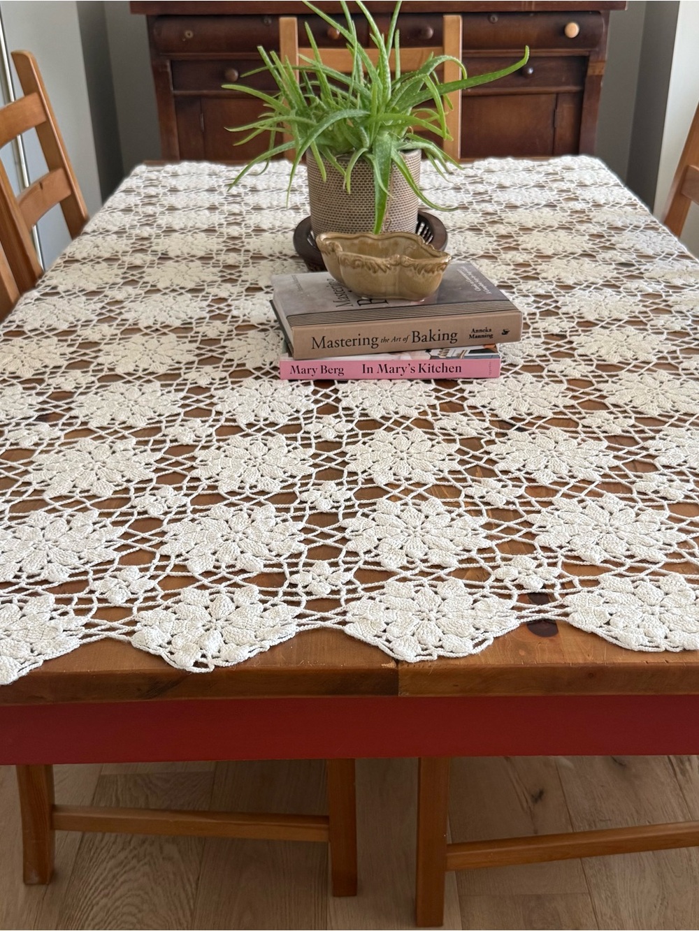 Vintage Handmade Crochet Table Runner - Cream